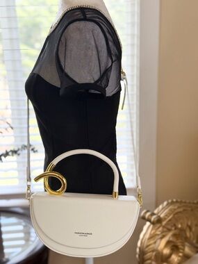 White Leather Half-Moon Handbag with Gold Accent